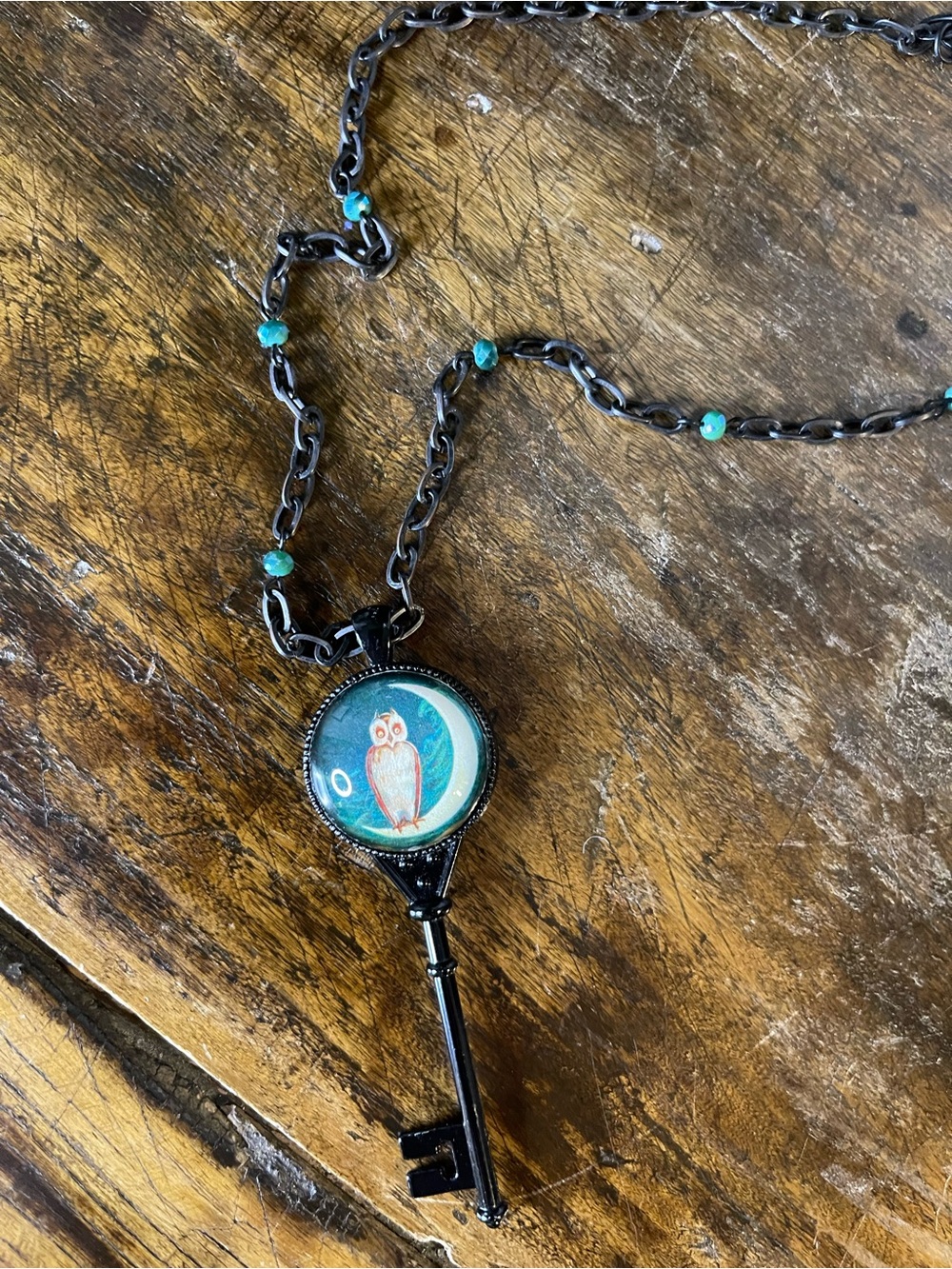 Hotcakes Design Owl Key Pendant Necklace in Teal and Black (vintage)